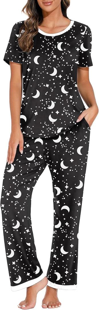 PrinStory Womens Pajamas Sets 2 Piece Lounge Set Short Sleeve Tops and Long Pants Soft Pjs Loungewear with Pockets, Night Print, Black, Size L