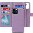 iCoverCase for iPhone 12/12 Pro Wallet Case with Card Holder and Wrist Strap, PU Leather Kickstand Card Slots Zipper Pocket Magnetic [Detachable] Flip Cover Case 6.1 Inch (Purple)