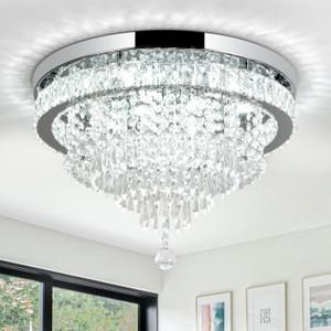 Crystal Chandelier 19.7 Inch LED Crystal Ceiling Light 5 Tier Modern Flush Mount Chandeliers for Living Room Dining Room Bedroom(Round,Chrome,6500K)
