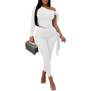 Vssjavun Women 2 Piece Outfits Sexy One Off Shoulder Long Sleeve Tops Skinny Long Pants Sets, XL