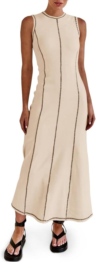 Wenrine Womens Sleeveless T Shirt Dress Summer Contrast Stitch Ribbed Knit Tank Maxi Dresses (Small)