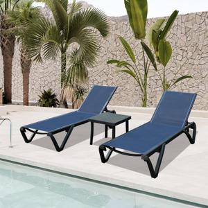 Domi Pool Lounge Chair Set of 3, Aluminum Outdoor Chaise Lounge with Side Table,5 Position Adjustable Backrest and Wheels, Outdoor Lounge Chairs for Pool, Garden, Beach, Backyar, Navy Blue