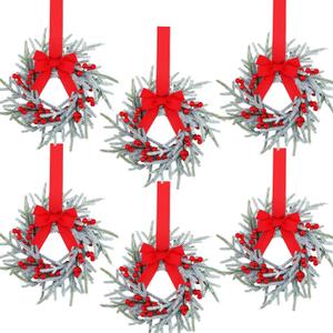 Giegxin 6 Pcs Vintage Small Christmas Wreath for Cabinet Mini Kitchen Wreath with Red Berry Realistic Norfolk Farmhouse Decoration for Xmas Window Indoor Chair Fireplace Porch Candle Decor (No Bows)