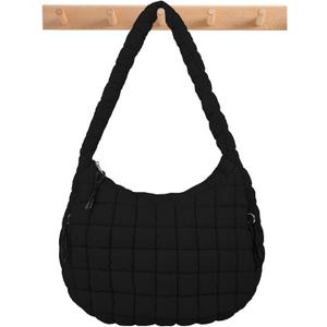 Quilted Puffer Tote Bag Large Crossbody Shoulder Bag with Zipper, Nylon Bubble Hobo Handbag Carryall Bag for Women (Medium, Black)