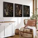 Black Botanical Canvas Wall Art Set of 3 Vintage Floral Art Moody Flower Wall Decor Dark Academia Poster Painting Prints Pictures for Bedroom Living Room 16x24 Inch Framed