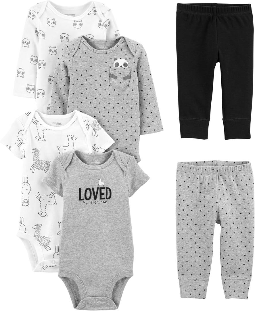 Simple Joys by Carter's unisex-baby 6-Piece Bodysuits (Short and Long Sleeve) and Pants Set, Black/ Grey Text Print/ White Llama/ Panda, 3-6 Months