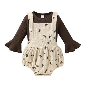 Tiny Cutey Newborn Baby Girl Clothes Bell Sleeve Romper and Corduroy Overalls Shorts Infant Girl Fall Outfits(Coffee romper and butterfly beige overalls,3-6 Months)