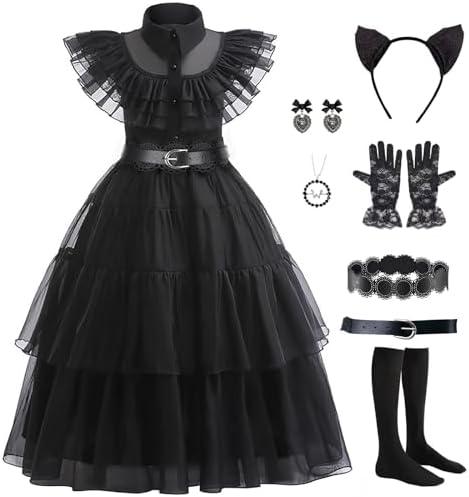 Black Costume Dress Kids Girls Black Cosplay Halloween Party Dress Up Gothic Costume with Accessories