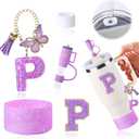 Stanley Cup Accessories Set of 6 PCS, Including Letter Stickers, Letter Chains, Straw Caps, Cup Sleeves, and Spill Proof Stoppers, Purple, 30 Oz 40 Oz, Water Bottle Carrier Set