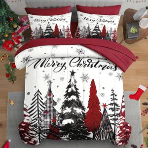 Christmas 7 Pcs Comforter Set King Size, Christmas Snowflakes Winter Bedding for Kids and Adults, Tree Vintage Bed Sheet Sets with Fitted Sheet 2 Pillowcases & 2 Shams for Bedroom Bed Decor (Pine)