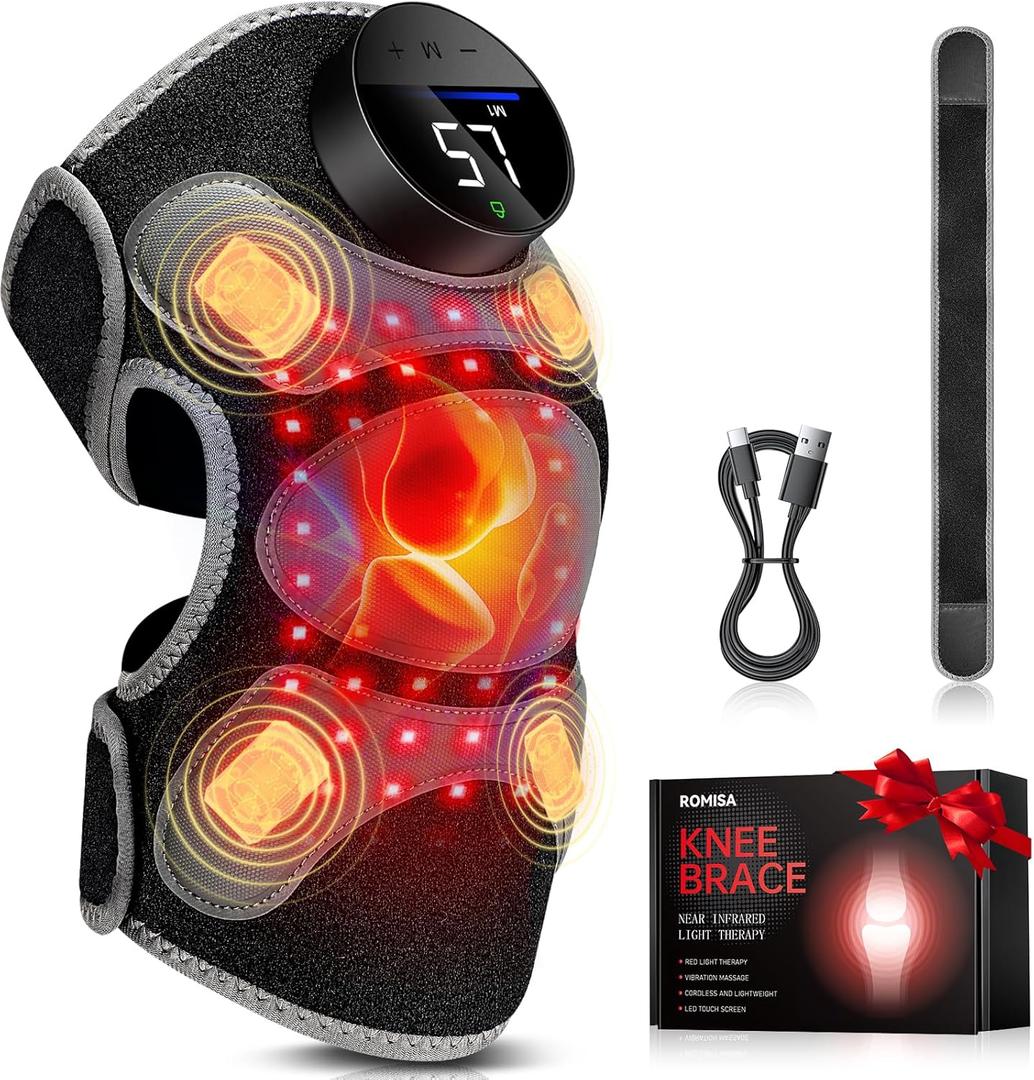 Upgraded PRO Red Light Therapy Knee Brace & 4 Vibration Massage - Rechargeable Controller, 660nm&850nm Red Light Therapy Heated Device for Knee/Elbow/Shoulder