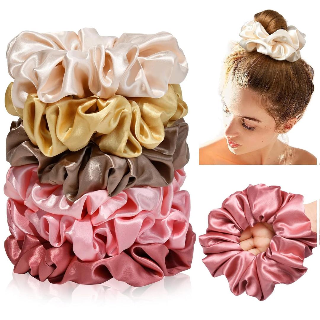 CEELGON Large Silk Satin Scrunchies for Women - Big Jumbo Hair Ties for Thick Curly Hair - Pack of 6 (Pink, Champagne, Ivory, Gold)