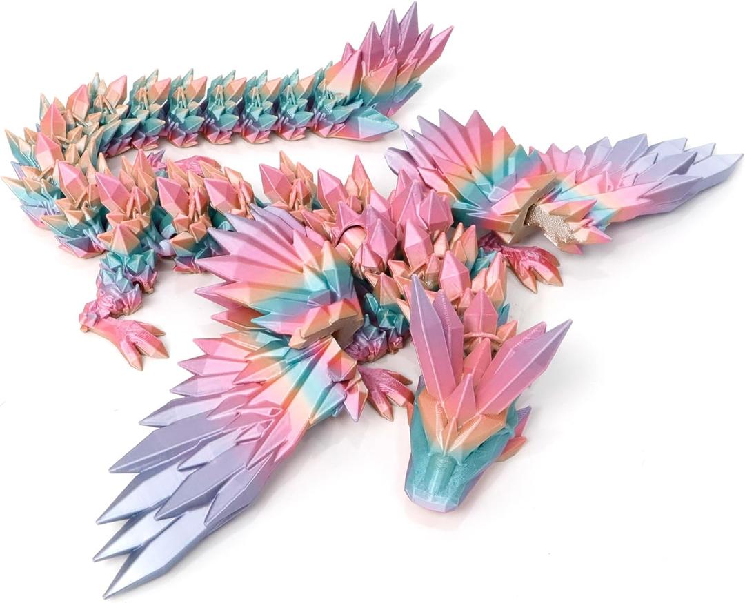 3D Printed Dragon - 18 inch Flying Dragon with Wings, XL Articulated Winged Crystal Fidget Toy, Home Decor, Birthday Gift, Desk Pet - Candy Color Rainbow