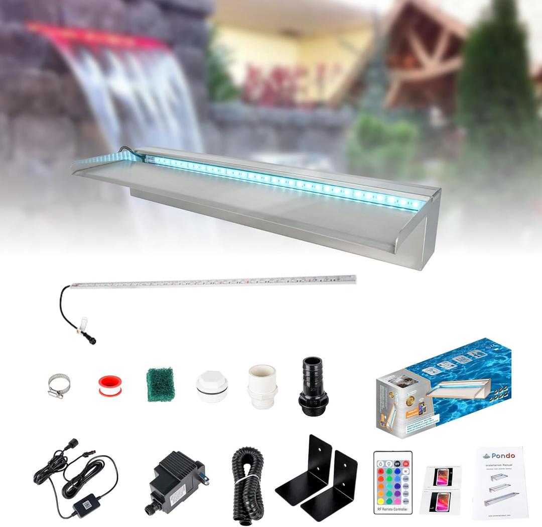 24'' APP 316 Stainless Steel Spillway with 16-Color LED Light Bar, Salt Water Corrosion Resistant Lighted Waterfall Pool Fountain Designed for Seawater Use, Waterfall Spillway for Garden Outdoor