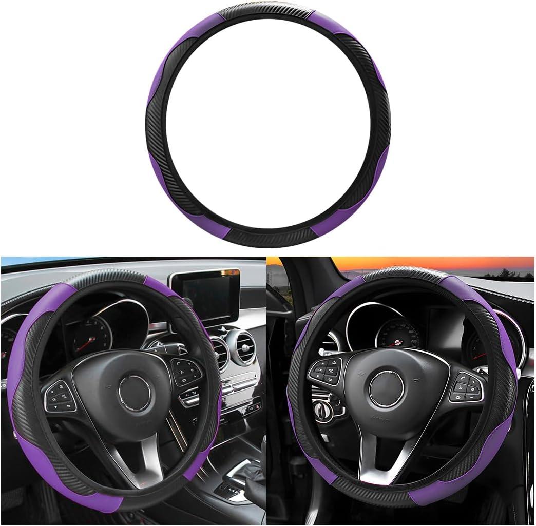 Osilly Car Steering Wheel Cover, 15 inch Carbon Fiber Microfiber PU Leather Elastic Steering Wheel Protector for Men Women, Anti-Slip Breathable Car Interior Accessories for Most Cars (Purple)