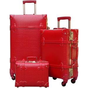 urecity Vintage Luggage Sets of 3 Piece - Hardside Lightweight Spinner Suitcases - Retro Travel Set includes Under Seat Train Case, 26"+20"+12" (Red Alligator)