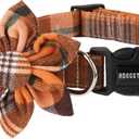 ADOGGYGO Fall Dog Collar with Detachable Floral, Adjustable Orange Plaid Thanksgiving Halloween Floral Collars for Large Dogs (Large)