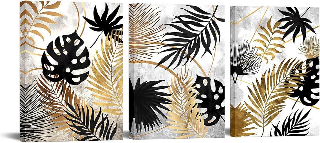 sechars 3 Piece Leaves Canvas Wall Art Black Grey and Gold Bathroom Decor Botanical Leaves Painting Art Prints Framed Ready to Hang