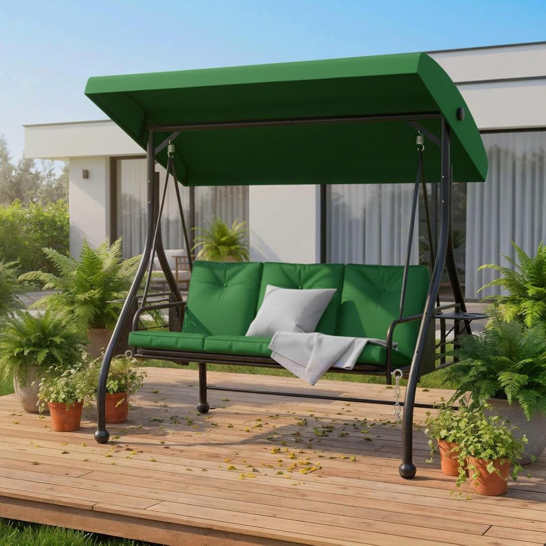 3-Seat Outdoor Porch Swing Glider with Stand, Convertible Patio Swings Bed with Foldable Side Tray & Thicker Cushion for Balcony Garden Deck Poolside - Green