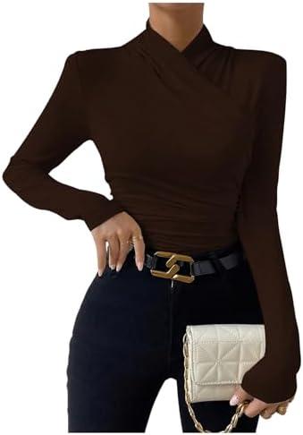 SweatyRocks Women's Ruched Mock Neck Long Sleeve T Shirt Solid Slim Fitted Tee Tops L