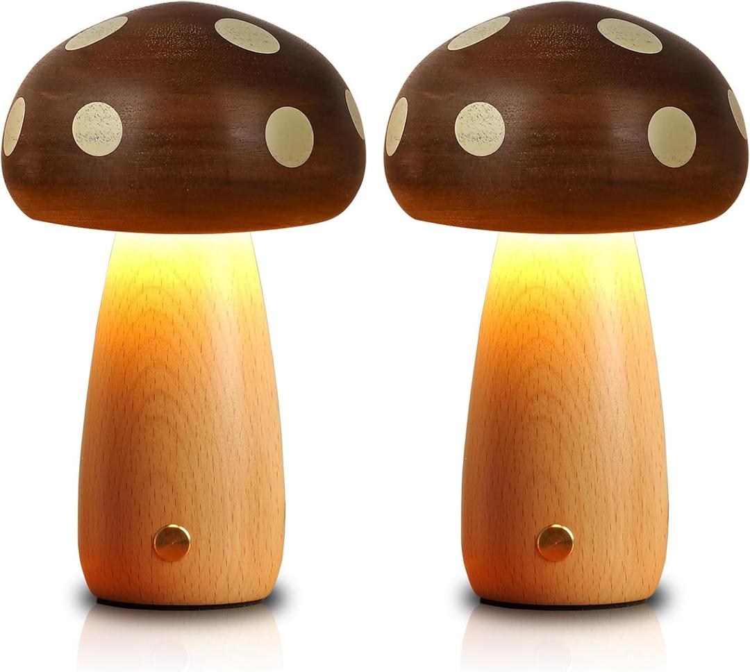 LONRISWAY 2 Pack LED Wood Mushroom Table Lamp, Rechargeable Cordless Touch Bedside Small Lamps, Wireless Step less Dimming Night Light, Portable Battery Lamp for Bedroom Nightstand for Birthday Gifts