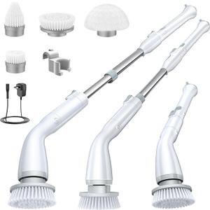 ALPONI Electric Spin Scrubber LA1 Pro, Cordless Spin Scrubber with 4 Replaceable Brush Heads and Adjustable Extension Handle, Power Cleaning Brush for Bathroom Floor Tile (White)