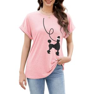 ZAFUL Women's Poodle Printed Tops 1950s Vintage Costume Party Cute Short Sleeve Tunic Top T-Shirt A-Pink, Small