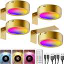 RGB USB Rechargeable Picture Lights, Gold 2600mAh Battery Operated Art Lights for Paintings Wireless Light Over Picture Frame Cordless LED Gallery Wall Light Remote Spotlight for Poster Photo Artwork (4 pack)