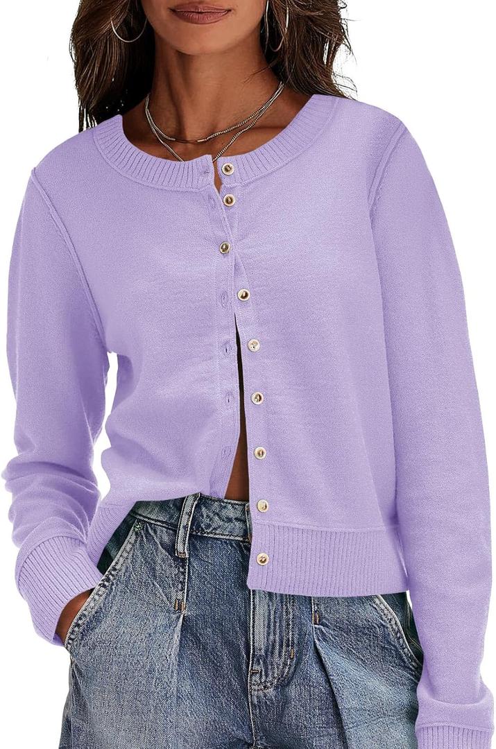 Saodimallsu Womens Button Down Cardigan Sweaters Lightweight Long Sleeve Crew Neck Summer Knit Open Front Tops (Large, Purple)