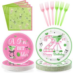 96Pcs Matini 21st Birthday Party Decorations A Tini Bit Older Plates and Napkins Tableware Sets Pink Green Decorations for 21 Years Old Women Girls Birthday Martini Party Supplies Serves 24