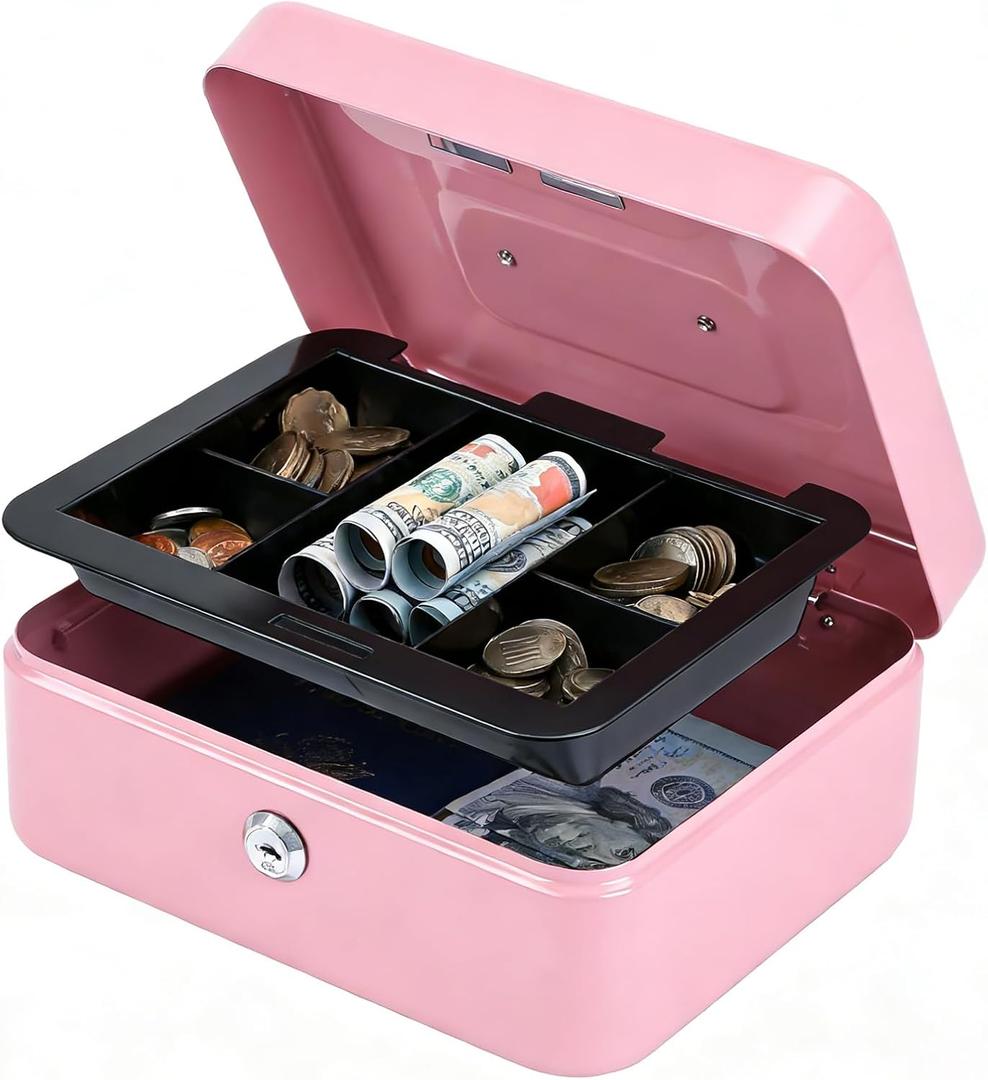 Kyodoled Medium Cash Box with Money Tray,Small Safe Lock Box with Key, Drawer,7.87"x 6.30"x 3.54" Pink