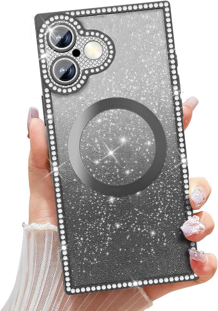 Misscase Magnetic Glitter Case for iPhone 17 6.3 Inch, Camera Protection, Compatible with MagSafe, Rectangle Cute Bling Sparkle Diamond Colorful Phone Cover, Drop-Tested & Shockproof-Black