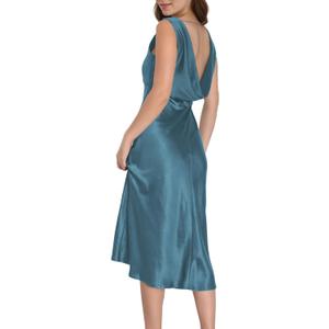 Summer Satin V Neck Backless Midi Dresses for Women 2025 Silky A line Formal Low Back Sleeveless Wedding Guest Long Dress (Blue, L)