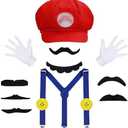 ANCOSJOY Bros Mary & Luigi Hat Costume Mustaches Gloves Buttons for Halloween Costume Cosplay