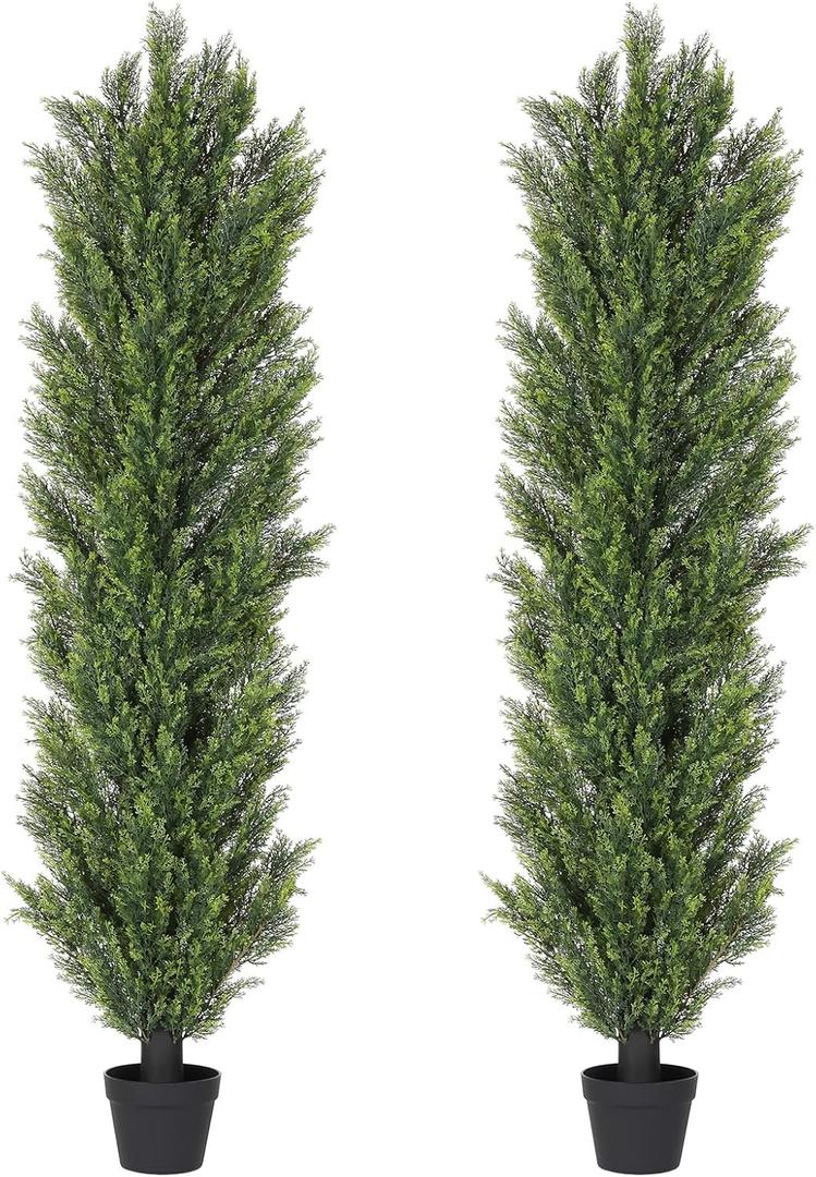 THE BLOOM TIMES 6ft Topiary Trees Artificial Outdoor  UV Resistant Faux Cedar Pine Cypress Bushes and Shrubs, Fake Potted Plants for Front Porch Outside Planter Patio Decor, Set of 2 (6 Foot) (Yellow Green)