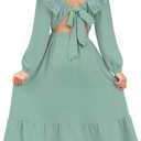 blibean Tween Girls Tie Back Dresses Embroidery Sleeve Size 6-15 Years (Green, XL)