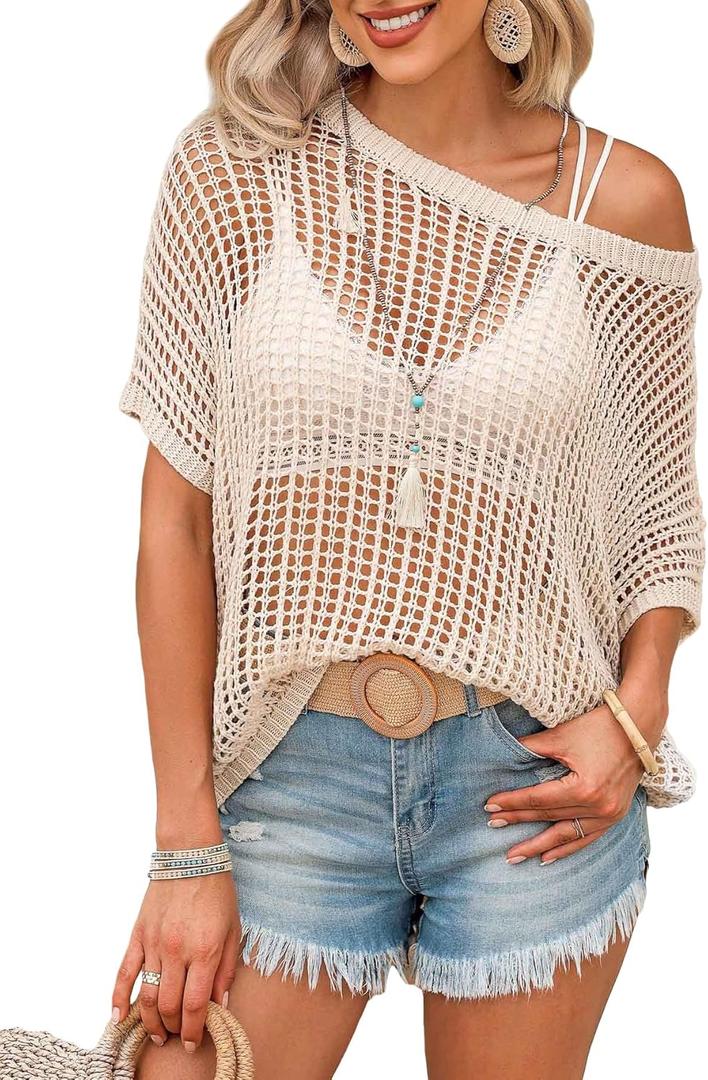 Verdusa Women's Off The Shoulder Knit Top Crochet Summer Sweaters Hollow Out Beach Cover Up (Beige, L)