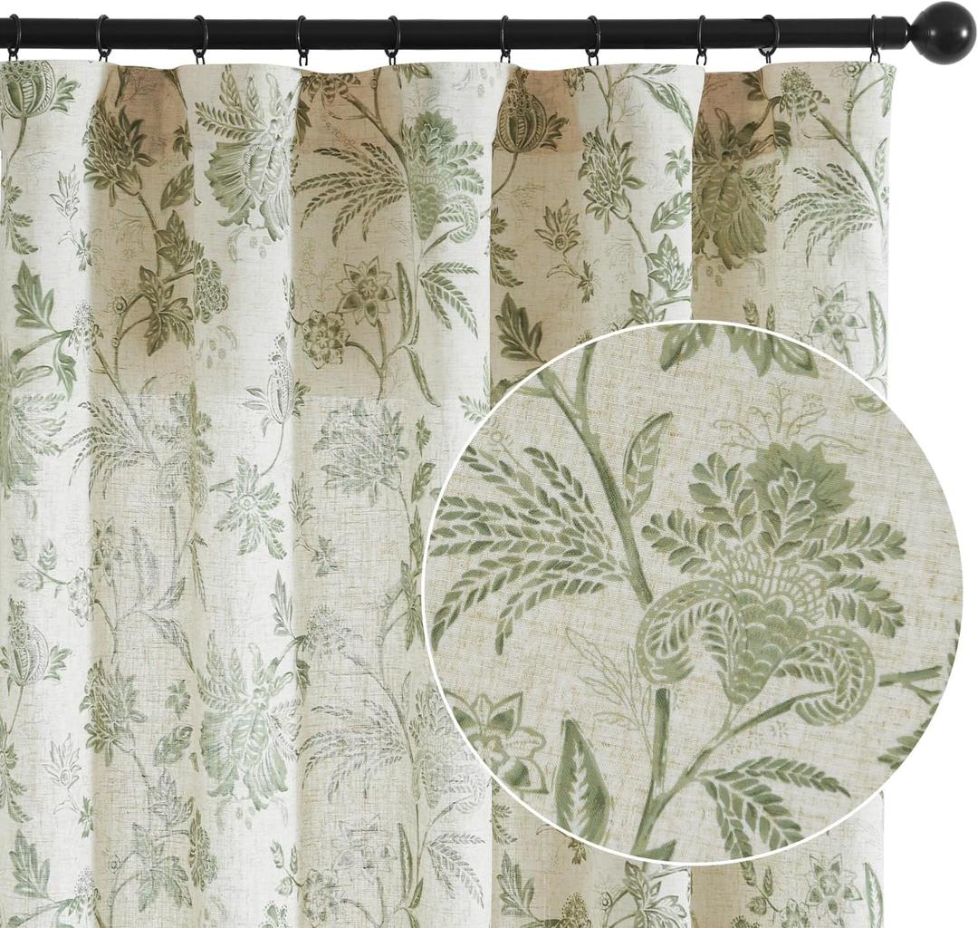 jinchan Linen Floral Curtains for Living Room with Printed Flower 63 Inches Long Light Filtering French Country Back Tab Rod Pocket Sage Green Window Curtain Set Farmhouse Drapes 2 Panels
