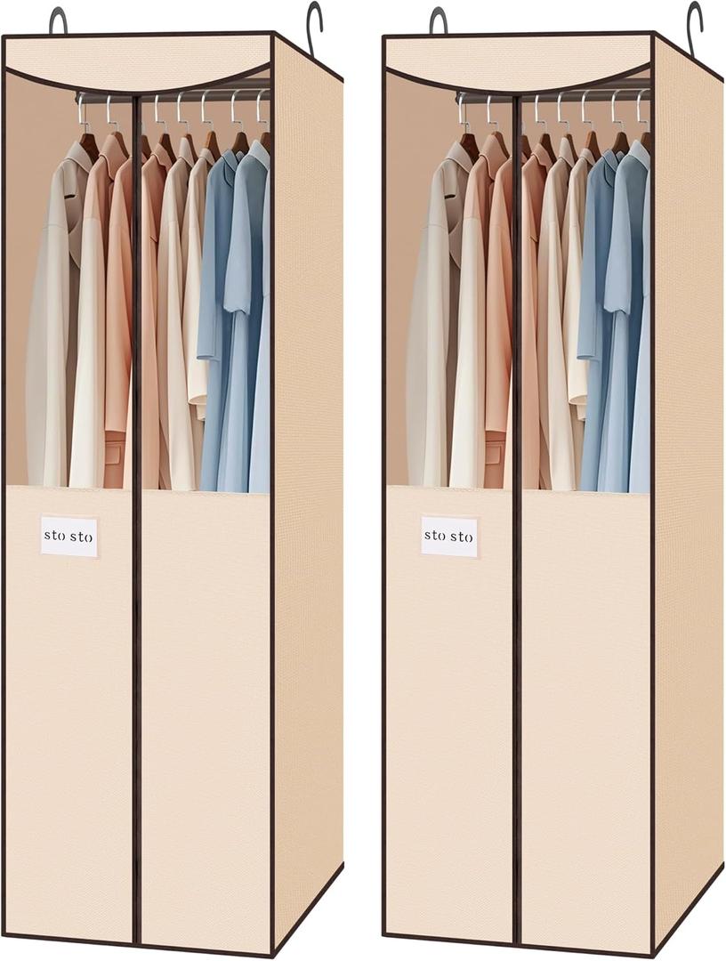 STO STO 2 Pack Garment Bag for Hanging Clothes Closet, Hanging Garment Cover with Built-in Steel Hanging Rod, Hanging Wardrobe Storage Bag for Suit, Dress with Clear Window, Zipper, ID Window, Beige