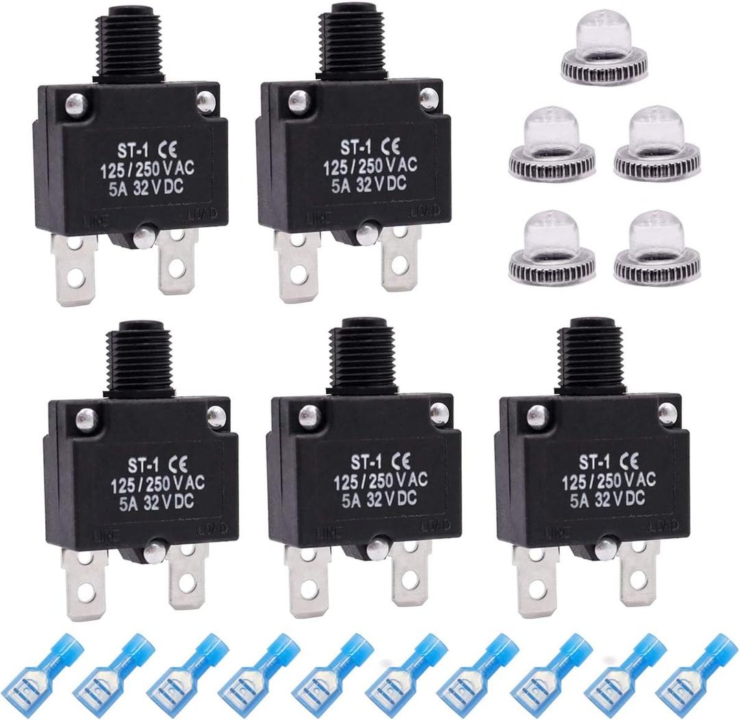 mxuteuk 5Pcs 5Amp Circuit Breakers Push Button Manual Reset 125/250V AC 32V DC,Overload Protector Switch Thermal Circuit Breakers with Quick Connect Terminals and Waterproof Button Caps ST1-5-5A