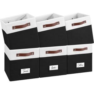 FinishingBo 6-Pack Storage Cubes with Handles & Label Holders Basket, Closet Cube Home Organizer Bins(White/Black, 10.5 x 10.5 x 11 inch)