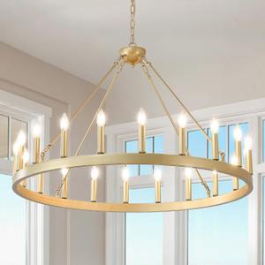 Gold Wagon Wheel Chandelier 40, 20-Light Farmhouse Wagon Wheel Chandelier for Dining Room, Modern Round Iron Candle Chandeliers Light Fixture for Living Room, Foyer, Entryway, E12