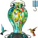 Hand Blown Glass Hummingbird Feeders for Outdoors Hanging, 24oz Wild Bird Nectar Feeder with Ant Moat and Perch, Bee-Resistant Ports, Garden Decor, Gifts for Women Mom, 1 Pack, Blue Fireworks