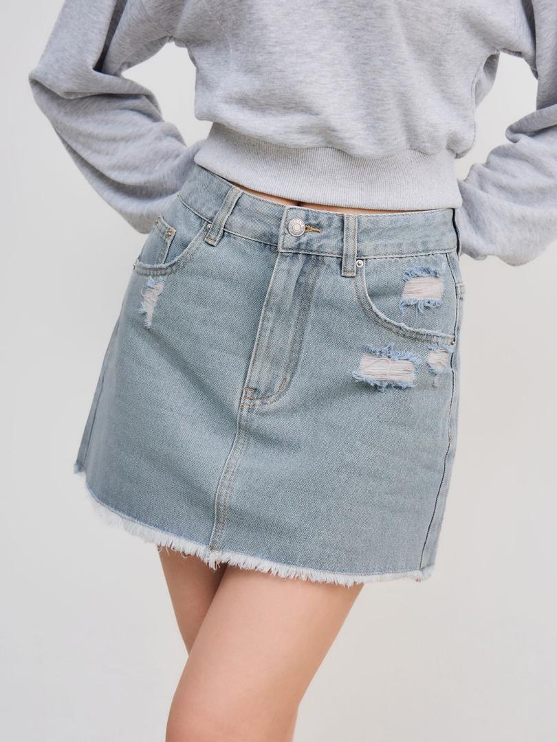 DENIM HIGH WAIST RIPPED MINI SKIRT M