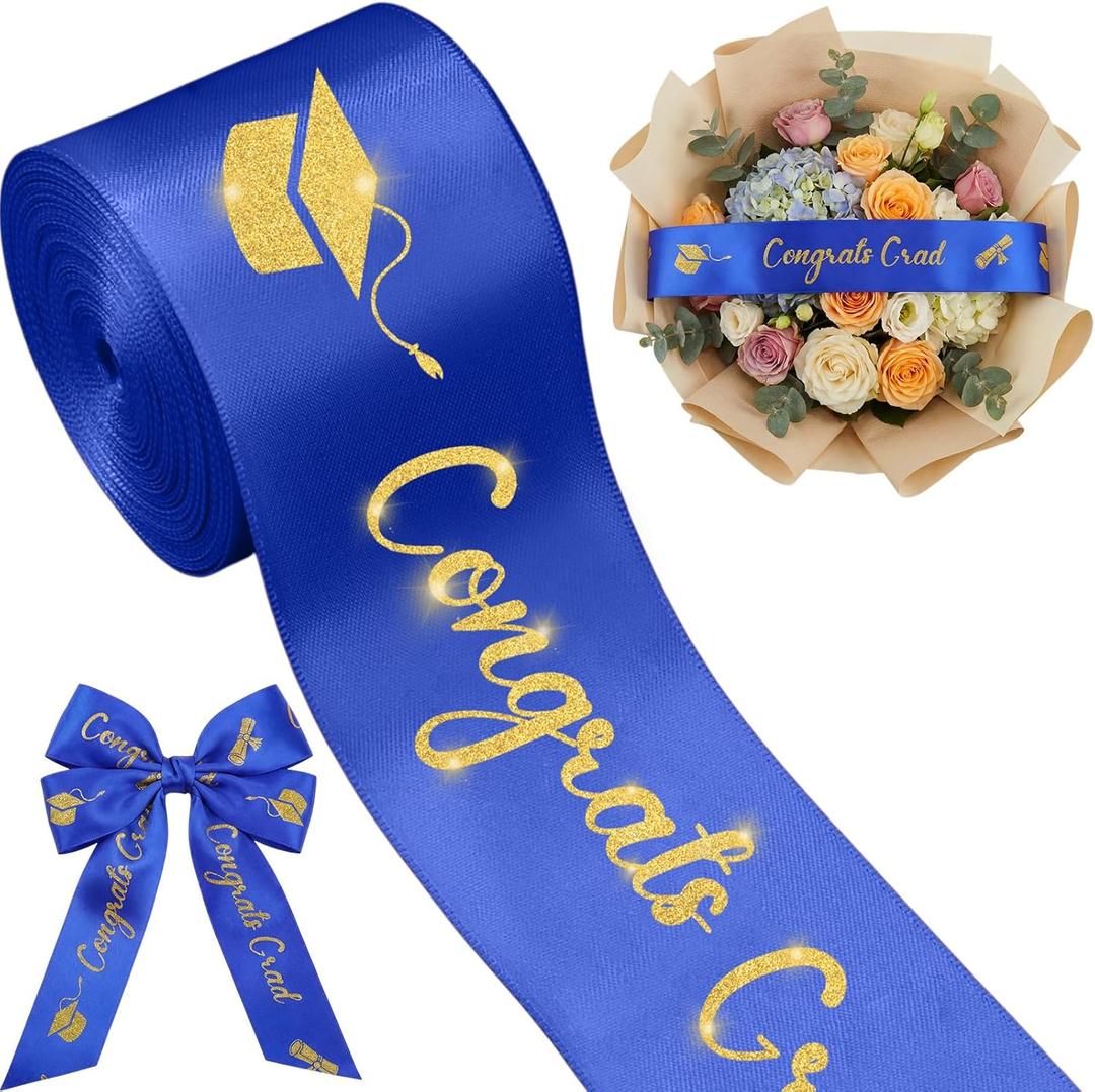 Zeyune 10 Yards Glitter Graduation Ribbon 2 Inch Class of 2026 Blue Gold Ribbon Craft Congrats Grad for Flower Bouquet Gift Wrapping Hair Bow Wreath Graduation Party Decoration