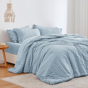 Love's cabin Seersucker Light Blue King Size Comforter Set, 7-Piece All Season Lightweight Bed in a Bag Bedding Set with Comforter, Flat Sheet, Fitted Sheet, Pillowcases and Shams