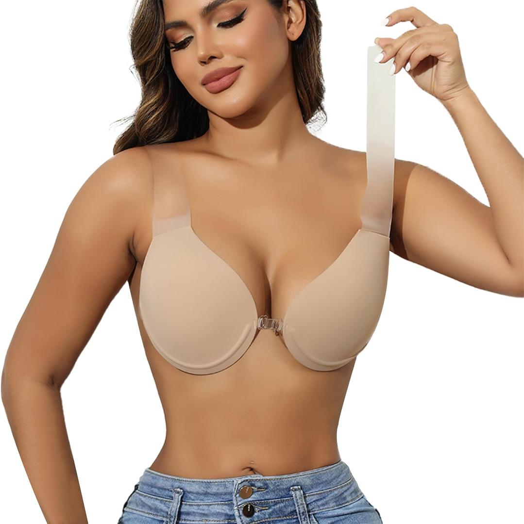 Jcvine Strapless Sticky Bra for Large Breasts, Backless Adhesive Silicone Bra with Reusable Nipple Covers for Dress (US, Cup Band, D) Beige