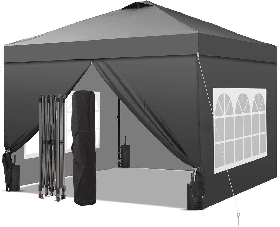 GDY 10x10 Pop Up Canopy Tent with 4 Sidewalls, Easy Set up with One Push Lift Outdoor Silver Coated Beach Gazebos, Carpas with 4 Sandbags, for Events, Parties,Camping, Gray.