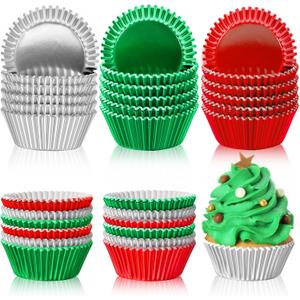 Mumufy 300 Count Christmas Foil Cupcake Liners 2 Inch Cupcake Wrappers Paper Bake Cup Set Foil Muffin Liners for Independence Day Christmas Party Supplies(Green, Red, Sliver)