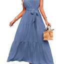PRETTYGARDEN Women's Summer Maxi Sun Dress Sleeveless Halter Neck Flowy Ruffle Hem Long Boho Dresses with Belt (Solid Grey Blue,Large)